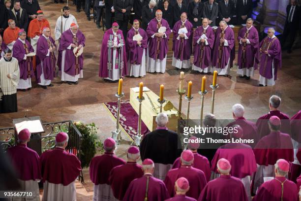 Cardinals, Bishops and priest stand around the coffin of Cardinal Karl Lehmann during the funeral service for Lehmann in the Mainzer Dom cathedral on...