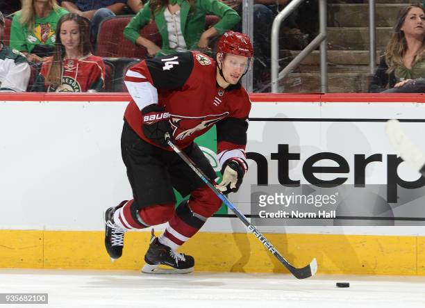 Richard Panik of the Arizona Coyotes skates with the puck against the Minnesota Wild at Gila River Arena on March 17, 2018 in Glendale, Arizona.