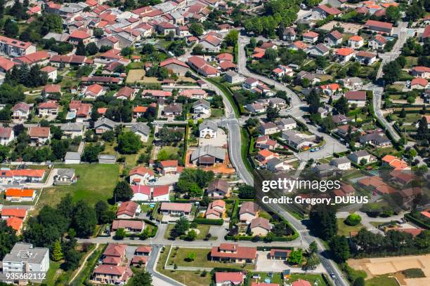 aerial view of french town of ambronay in auvergne-rhone-alpes region streets and houses with yard - french culture stock pictures, royalty-free photos & images