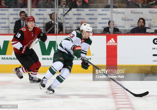 Tyler Ennis of the Minnesota Wild skates with the puck against the Arizona Coyotes at Gila River Arena on March 17, 2018 in Glendale, Arizona.