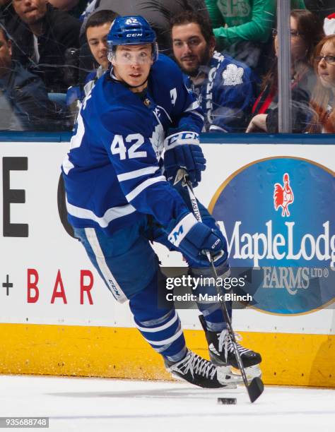 Tyler Bozak of the Toronto Maple Leafs skates against the Montreal Canadiens during the first period at the Air Canada Centre on March 17, 2018 in...