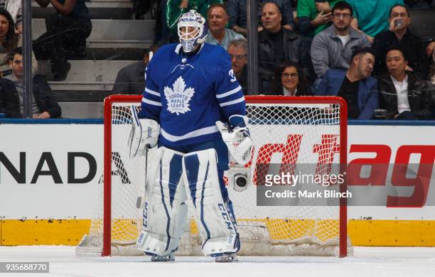 Curtis McElhinney of the Toronto Maple Leafs stands in net against the Montreal Canadiens during the first period at the Air Canada Centre on March...