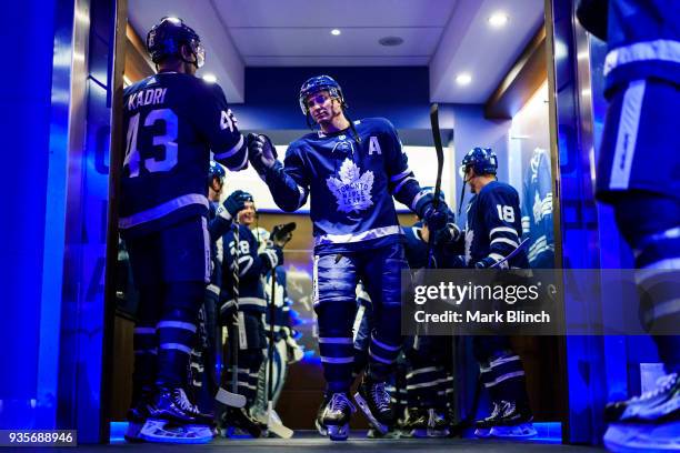 Tyler Bozak of the Toronto Maple Leafs comes out of the dressing room to play the Montreal Canadiens at the Air Canada Centre on March 17, 2018 in...