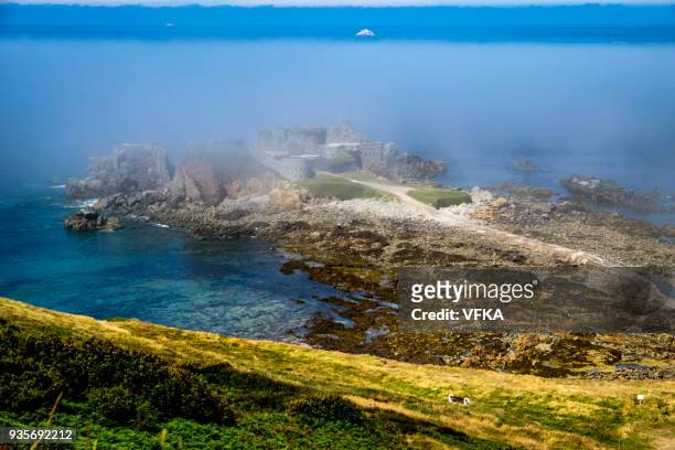 fort clonque dans le matin brouillard, aurigny, guernesey, îles anglo-normandes - island of alderney photos et images de collection