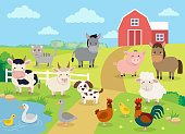 Farm animals with landscape - cute cartoon vector illustration with farm, cow, pig, horse, goat, sheep, ducks, hen, chicken and rooster