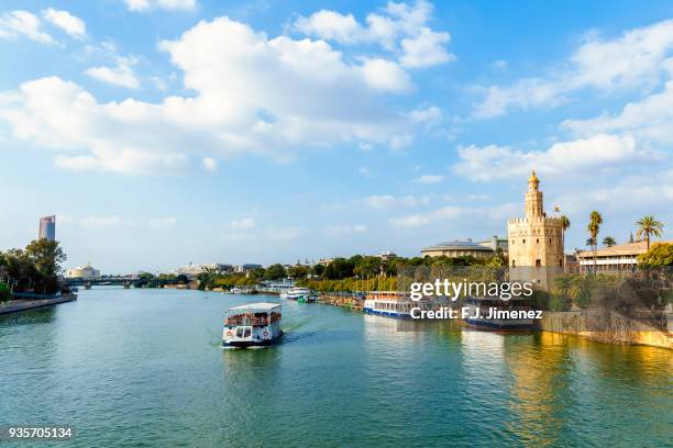 cityscape of seville - torre del oro stock pictures, royalty-free photos & images