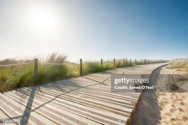 curved boardwalk along beach on sunny day, portugal - paso entablado fotografías e imágenes de stock