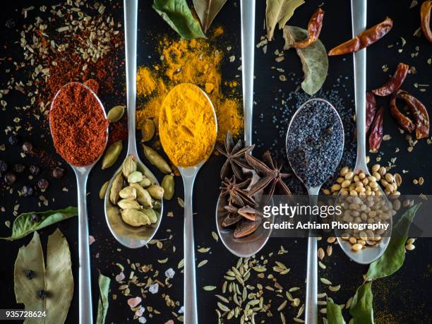 spices on spoon against black background - gewürz stock-fotos und bilder