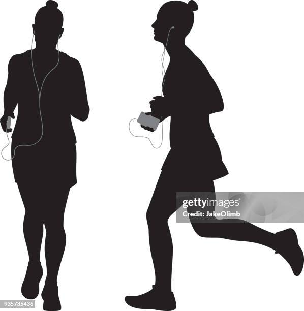 ilustrações de stock, clip art, desenhos animados e ícones de woman running with smartphone silhouettes - vista de frente