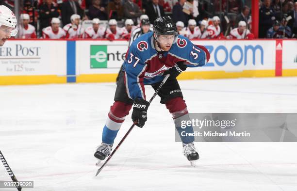 Compher of the Colorado Avalanche skates against the Detroit Red Wings at the Pepsi Center on March 18, 2018 in Denver, Colorado. The Avalanche...