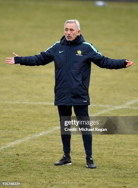 The Australian Socceroos Manager Bert van Marwijk gives instructions during a training session at Arasen Stadion on March 21, 2018 in Oslo, Norway.