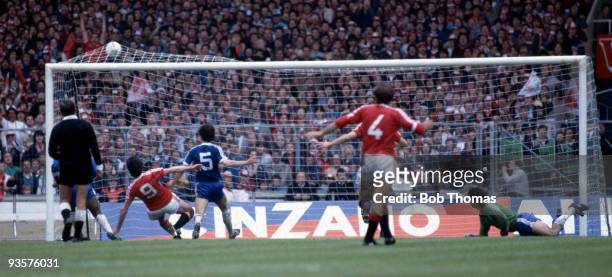 Frank Stapleton scores Manchester United's first goal during the FA Cup Final between Brighton and Manchester United held at Wembley Stadium, London...