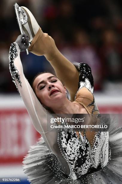 Russia's Alina Zagitova performs on March 21, 2018 in Milan during the Ladies figure skating short program at the Milano World Figure Skating...