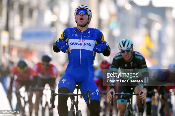Arrival / Elia Viviani of Italy and Team Quick-Step Floors of Belgium / Celebration / Pascal Ackermann of Germany and Team Bora-Hansgrohe / during...