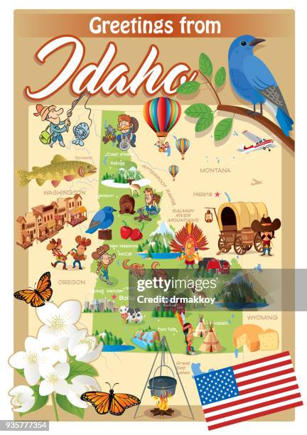 ilustraciones, imágenes clip art, dibujos animados e iconos de stock de mapa de la historieta de idaho - idaho