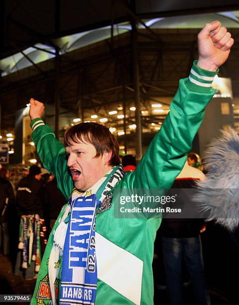 Supporters of Wien are pictured in front of the stadium prior to the UEFA Europa League Group C match between Hamburger SV and SK Rapid Wien at HSH...