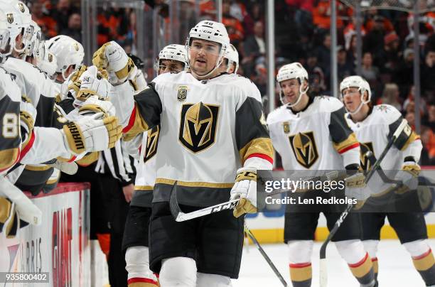 Ryan Carpenter of the Vegas Golden Knights celebrates his game-winning third period goal with teammates on the bench against the Philadelphia Flyers...