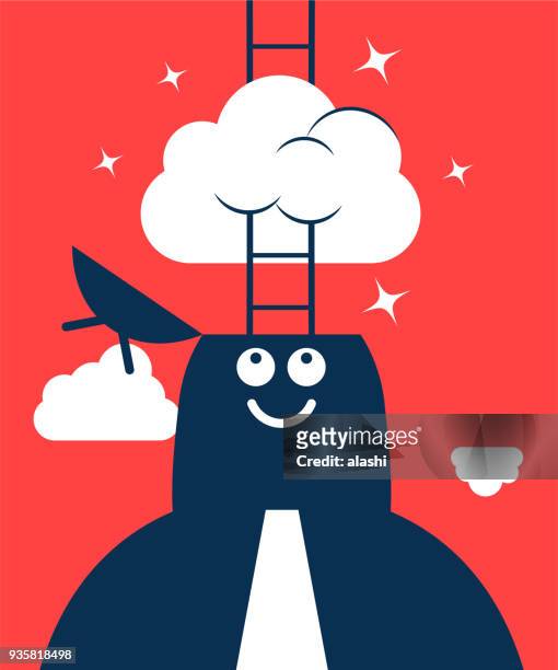 illustrazioni stock, clip art, cartoni animati e icone di tendenza di sognatore, uomo d'affari con testa aperta e scala, con la testa tra le nuvole - immaginazione