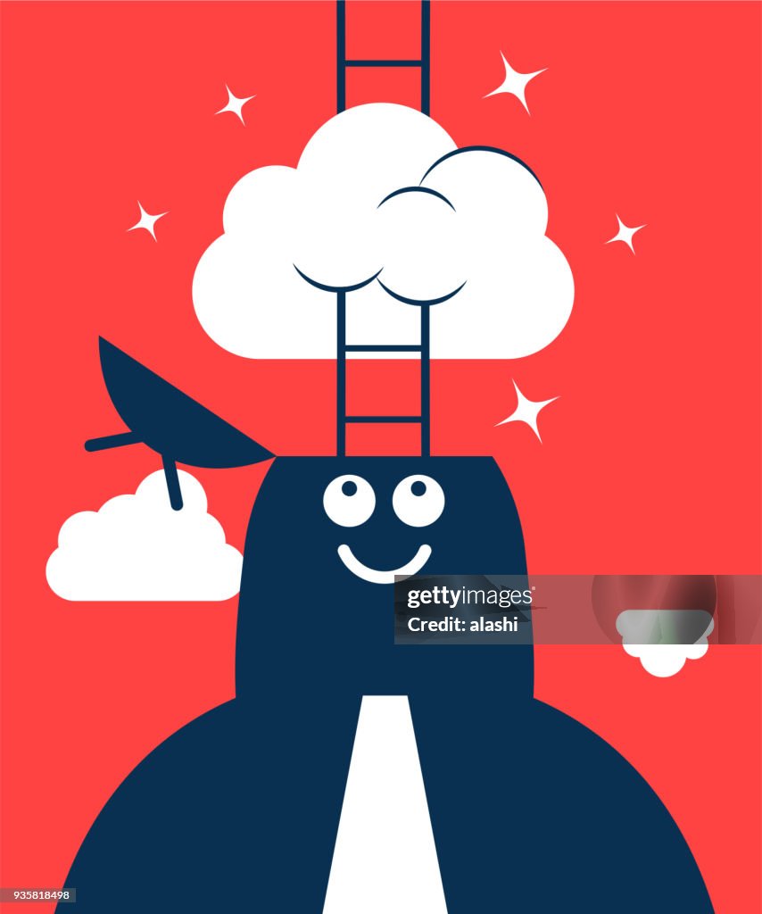 Dreamer, Businessman with opened head and ladder, having his head in the clouds