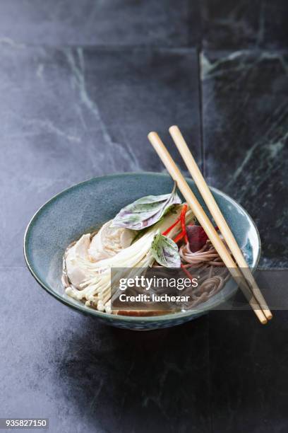 soba noodle soup with chicken and japanese mushroom - soba stock pictures, royalty-free photos & images