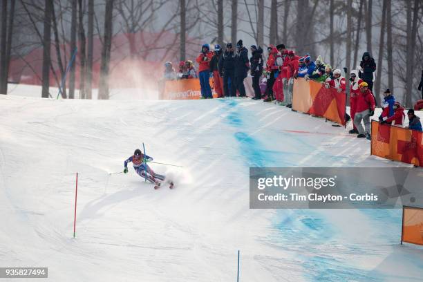 Petra Vlhova of Slovakia in action during the Alpine Skiing - Ladies' Alpine Combined Slalom at Jeongseon Alpine Centre on February 22, 2018 in...
