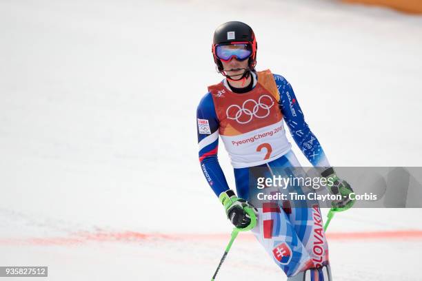Petra Vlhova of Slovakia in action during the Alpine Skiing - Ladies' Alpine Combined Slalom at Jeongseon Alpine Centre on February 22, 2018 in...