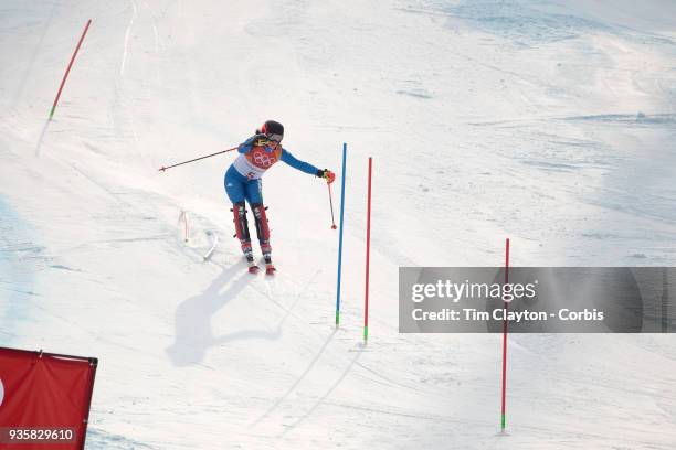 Federica Brignone of Italy in action during the Alpine Skiing - Ladies' Alpine Combined Slalom at Jeongseon Alpine Centre on February 22, 2018 in...