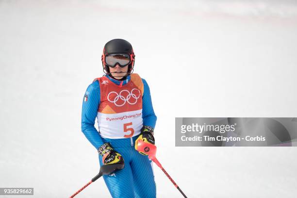 Federica Brignone of Italy in action during the Alpine Skiing - Ladies' Alpine Combined Slalom at Jeongseon Alpine Centre on February 22, 2018 in...