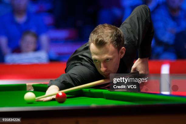 Judd Trump of England plays a shot during his first round match against Stephen Maguire of Scotland on day three of 2018 Ladbrokes Players...