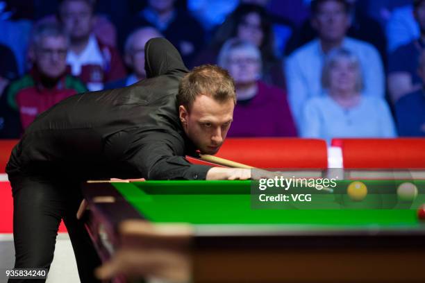 Judd Trump of England plays a shot during his first round match against Stephen Maguire of Scotland on day three of 2018 Ladbrokes Players...