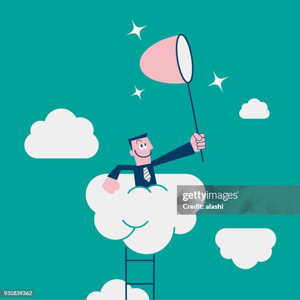 businessman holding butterfly net (netting), climbing ladder and chasing, dreamer (having his head in the clouds) - butterfly net stock illustrations