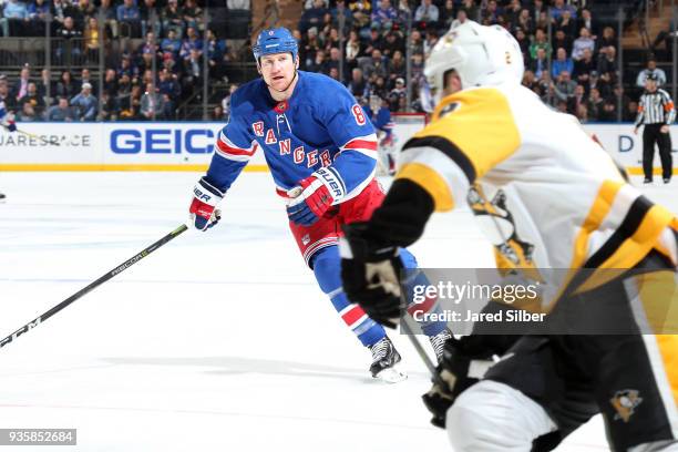 Cody McLeod of the New York Rangers skates against the Pittsburgh Penguins at Madison Square Garden on March 14, 2018 in New York City. The New York...