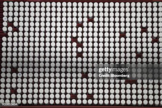 Vials containing chemical research ingredients sit inside the substance library at the Bayer CropScience AG facility in Monheim, Germany, on...