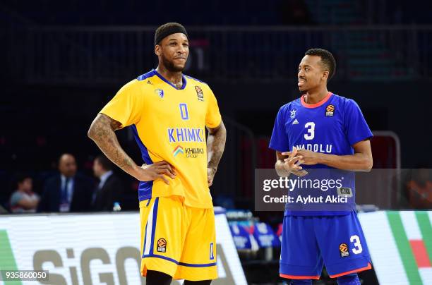 Thomas Robinson, #0 of Khimki Moscow Region and Errick McCollum, #3 of Anadolu Efes Istanbul pictured prior to the 2017/2018 Turkish Airlines...