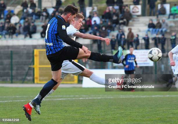 Andrea Adorante of FC Internazionale competes for the ball whit Davide De Marino of Pro Vercelli FC during the Viareggio Cup match FC Internazionale...