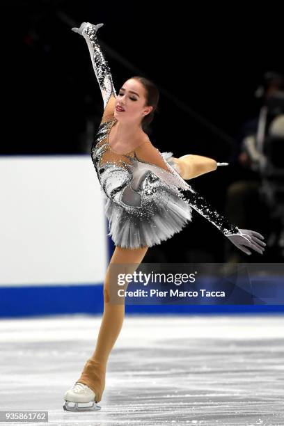 Alina Zagitova of Russian Federation competes in the Ladies Short Program on day one of the World Figure Skating Championships at the Mediolanum...