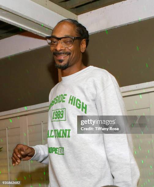 Snoop Dogg performs at the launch of Popchips' Nutter Puffs at the Chateau Marmont on March 20, 2018 in Los Angeles, California.