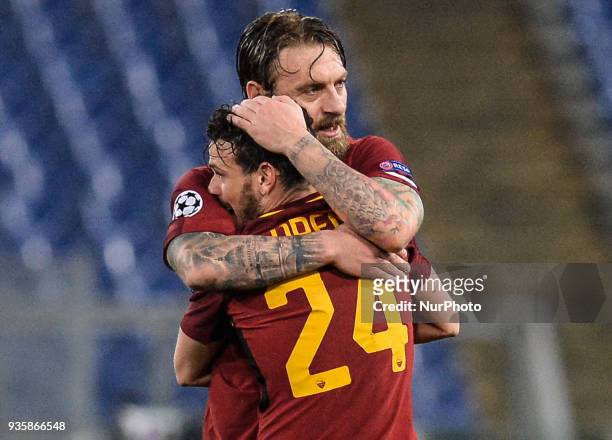 Daniele De Rossi celebrates with Alessandro Florenzi after the Champions League football match A.S. Roma vs Shakhtar Donetsk at the Olympic Stadium...