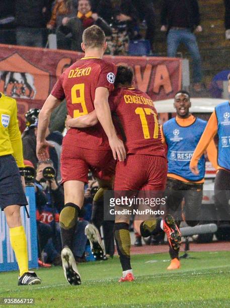 Edin Dzeko celebrates with Cengiz Under during the Champions League football match A.S. Roma vs Shakhtar Donetsk at the Olympic Stadium in Rome, on...