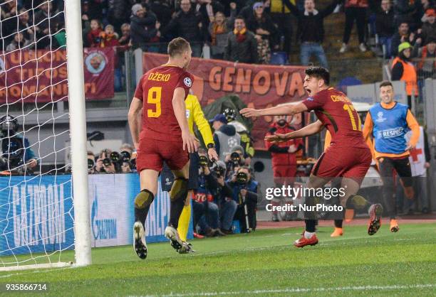 Edin Dzeko celebrates with Cengiz Under during the Champions League football match A.S. Roma vs Shakhtar Donetsk at the Olympic Stadium in Rome, on...