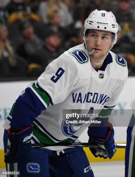 Brendan Leipsic of the Vancouver Canucks waits for a faceoff in the second period of a game against the Vegas Golden Knights at T-Mobile Arena on...