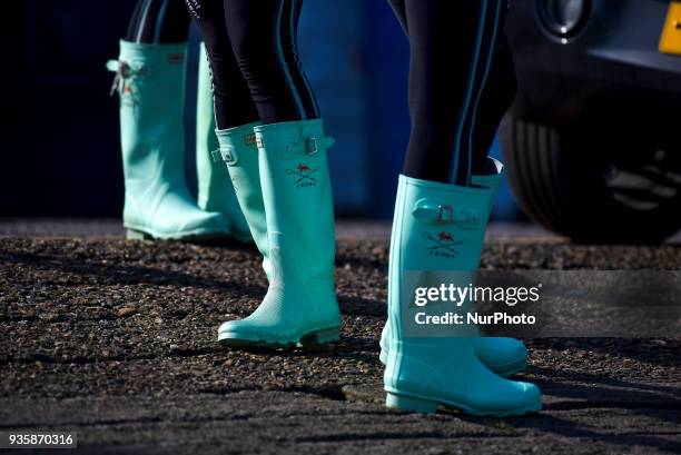 Detail of the boots of Cambridge's women team, before a training session in the area of Putney, London on March 21, 2018. The Boat Races will see...