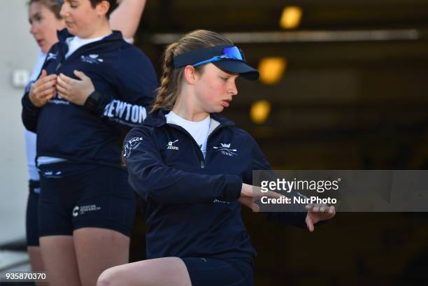 Oxford's women team is seen during a training session in the area of Putney, London on March 21, 2018. The Boat Races will see Oxford University...