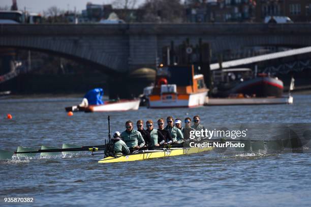 Cambridge's women team is seen during a training session in te area of Putney, London on March 21, 2018. The Boat Races will see Oxford University...