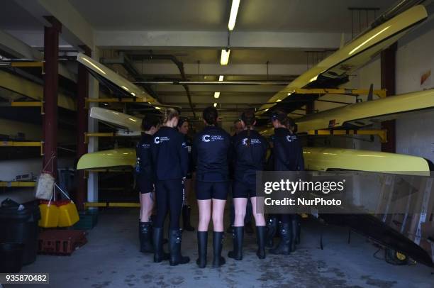 Oxford's women team is seen before a training session in the area of Putney, London on March 21, 2018. The Boat Races will see Oxford University...