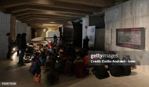 School young guys visit The Holocaust Memorial during FC Internazionale 'Inter In The Community' Event at Shoah Memorial on March 21, 2018 in Milan,...