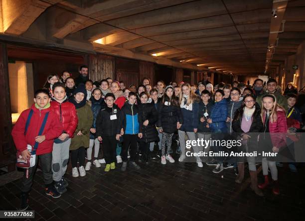 School young guys visit The Holocaust Memorial during FC Internazionale 'Inter In The Community' Event at Shoah Memorial on March 21, 2018 in Milan,...