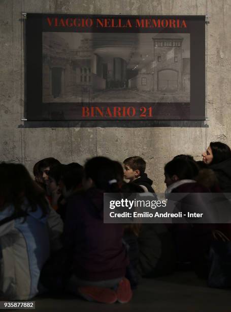 School young guys visit The Holocaust Memorial during FC Internazionale 'Inter In The Community' Event at Shoah Memorial on March 21, 2018 in Milan,...