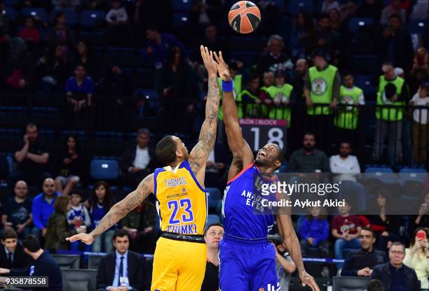 Bryant Dunston, #42 of Anadolu Efes Istanbul competes with Malcolm Thomas, #23 of Khimki Moscow Region during the 2017/2018 Turkish Airlines...