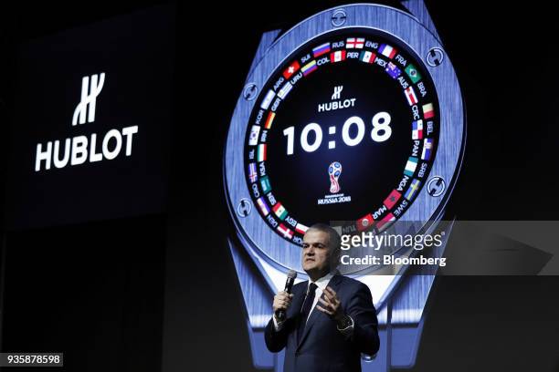 Ricardo Guadalupe, chief executive officer of Hublot SA, presents the Big Bang Referee 2018 FIFA World Cup Russia luxury smartwatch during the...
